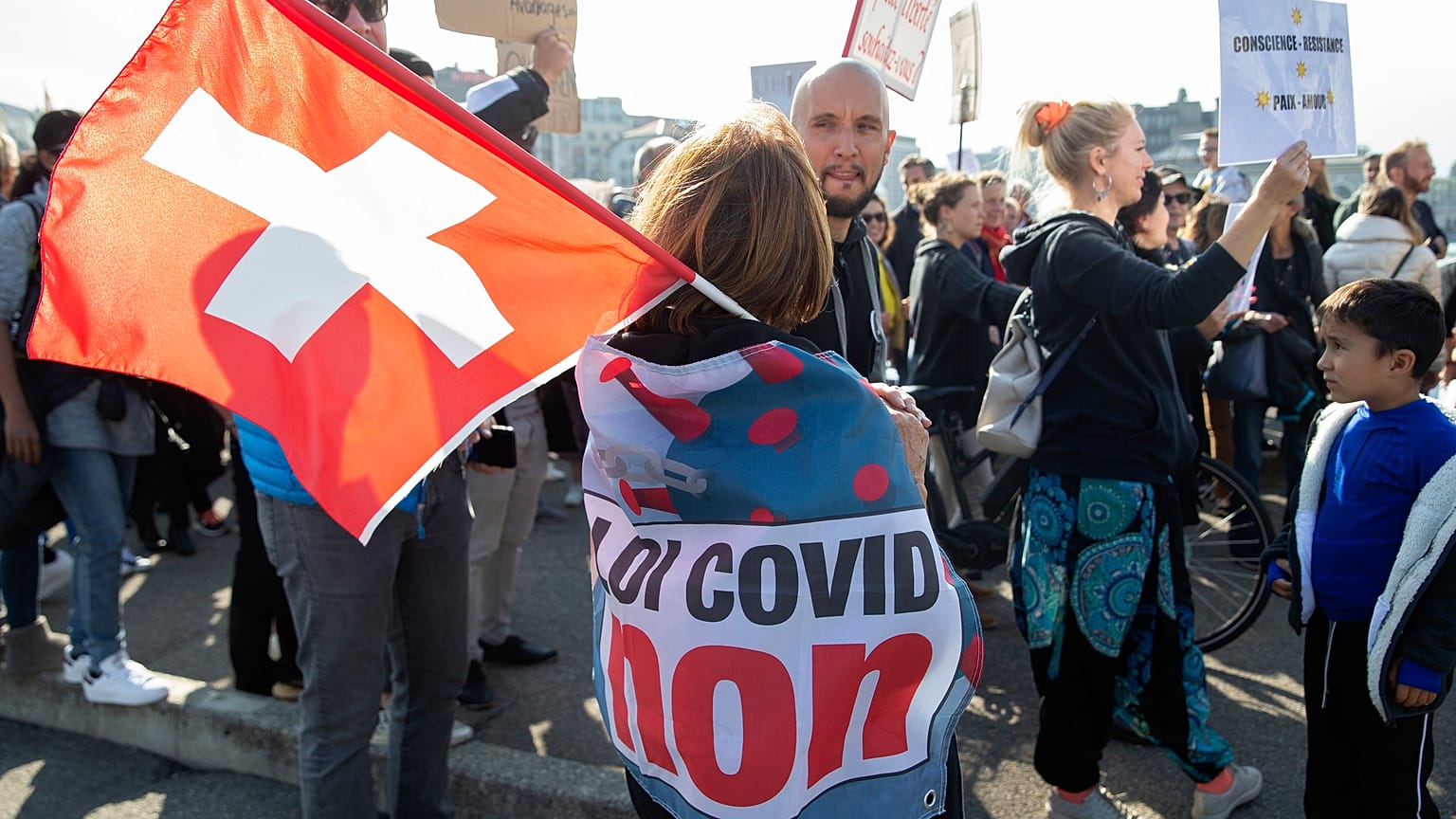 Kundgebung gegen die Pandemiemaßnahmen am 9. Oktober 2021 in Genf.