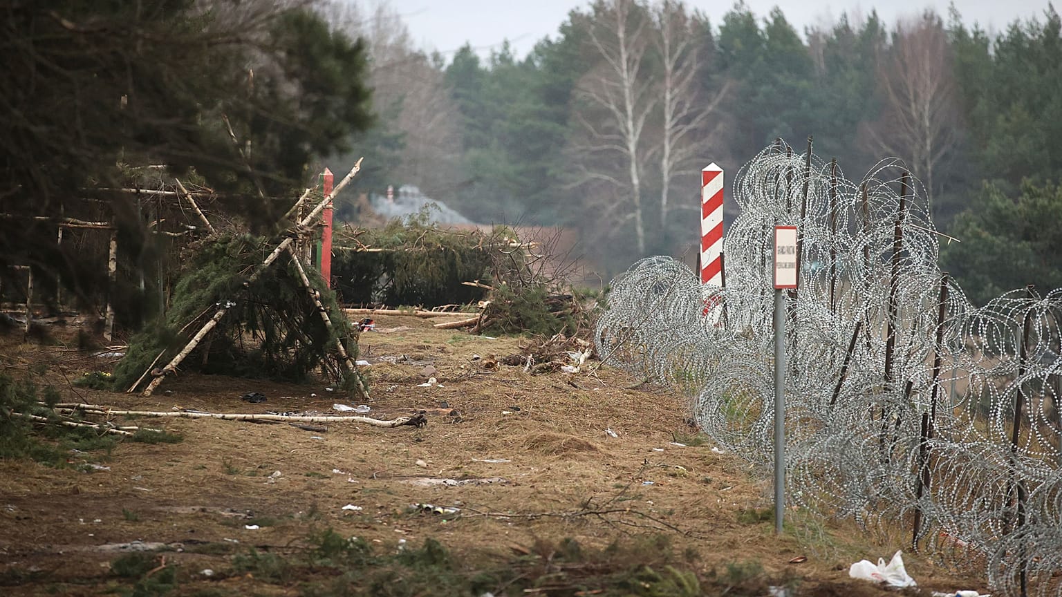 A deserted migrant camp near the Kuznitsa checkpoint at the Belarus-Poland border.