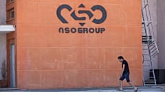 A logo adorns a wall on a branch of the Israeli NSO Group company, near the southern Israeli town of Sapir, Aug. 24, 2021. 