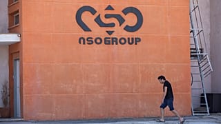 A logo adorns a wall on a branch of the Israeli NSO Group company, near the southern Israeli town of Sapir, Aug. 24, 2021. 