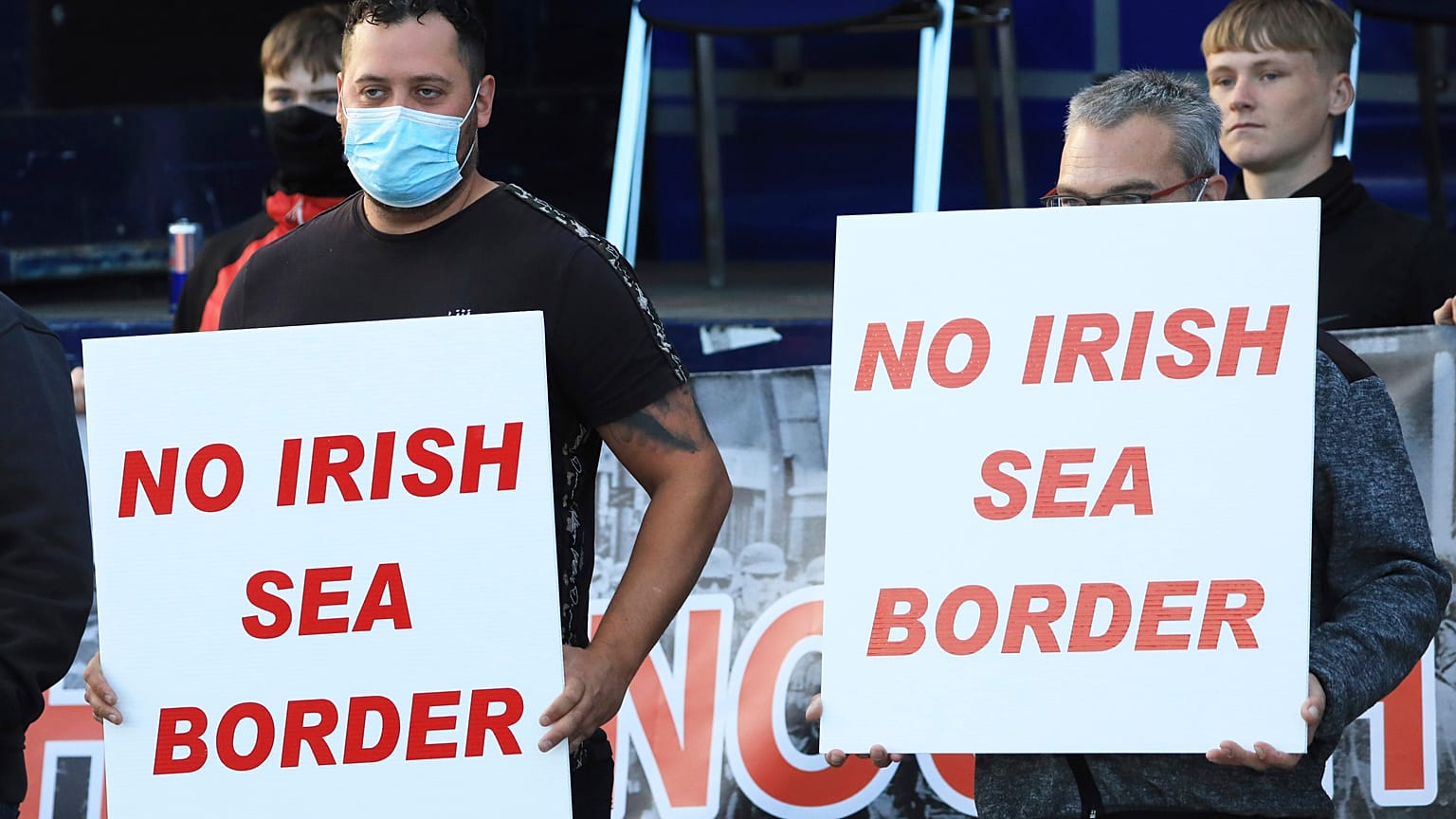 Loyalists opposed to the Northern Ireland Protocol protest in Newtownards town centre, Northern Ireland, Friday, June 18, 2021.