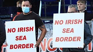 Loyalists opposed to the Northern Ireland Protocol protest in Newtownards town centre, Northern Ireland, Friday, June 18, 2021.