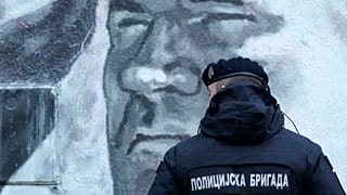 A police officer stands by a mural of former Bosnian Serb military chief Ratko Mladić in Belgrade, Serbia, Tuesday, Nov. 9, 2021.