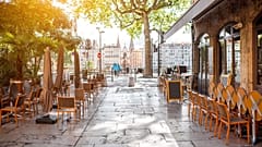 Terrace of a cafe in Lyon, France.