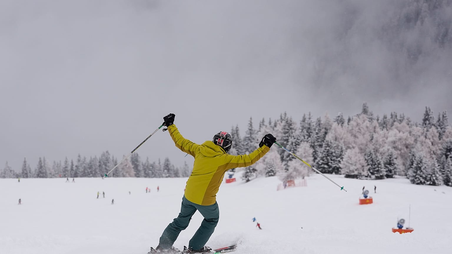 A tourist gestures while skiing, at Plan de Corones ski area, Italy South Tyrol, Nov. 27, 2021. 