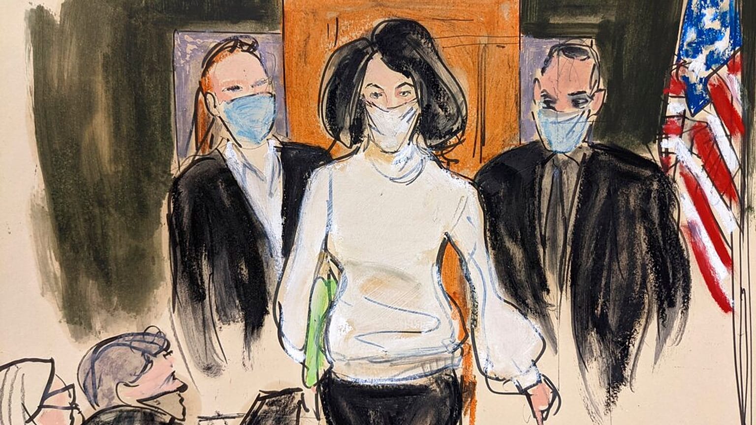 Croquis de Ghislaine Maxwell qui entre dans la salle d'audience au début de son procès, le 29 novembre 2021