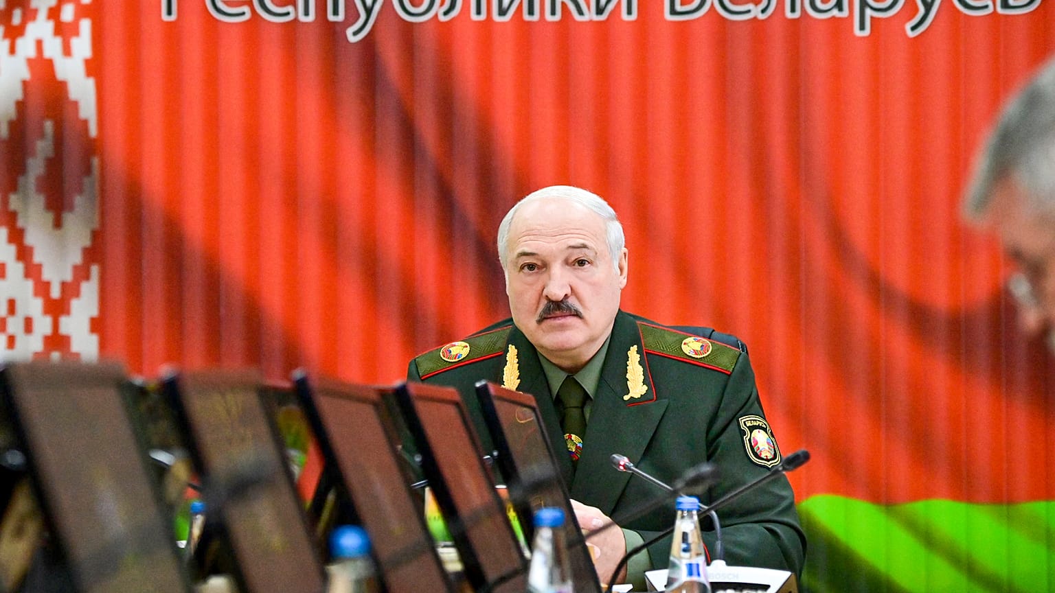 Belarusian President Alexander Lukashenko attends a meeting with top level military officials in Minsk, Belarus, Monday, Nov. 22, 2021. 