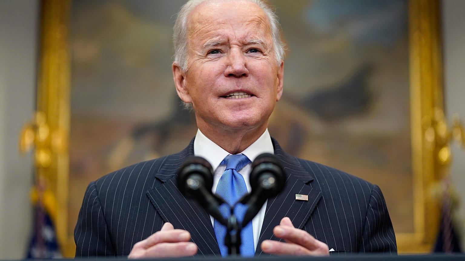 US President Joe Biden speaks about the COVID-19 variant named omicron, in the Roosevelt Room of the White House, Monday, Nov. 29, 2021, in Washington.
