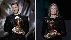 PSG player Lionel Messi, left; Barcelona player Alexia Putellas, right.