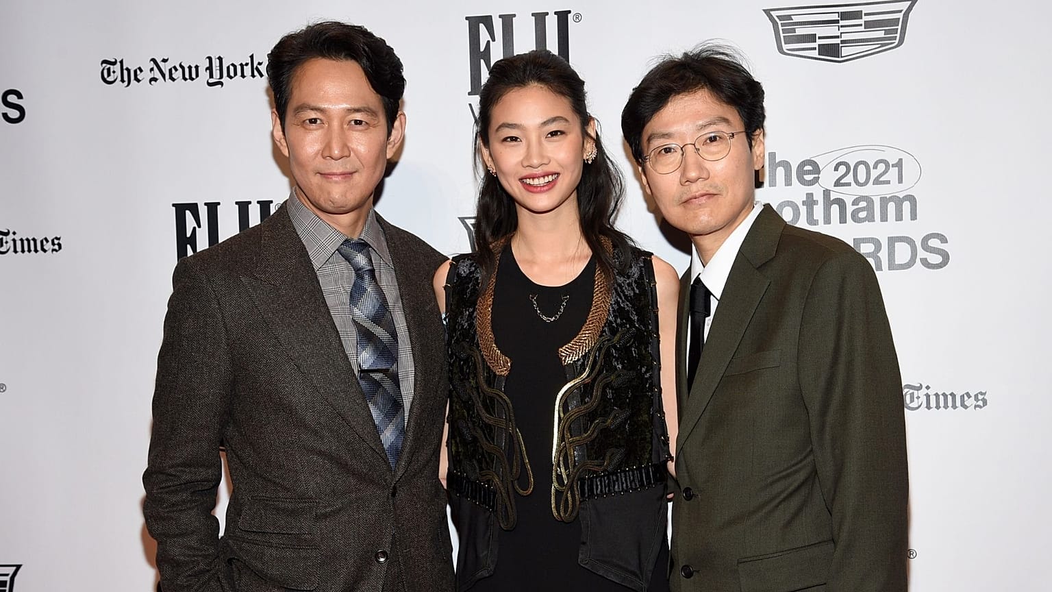 Actors Lee Jung-jae, Jung Hoyeon and creator Hwang Dong-hyuk, of "Squid Game,