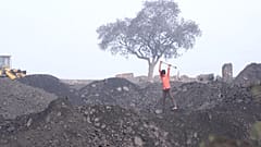 Young boy breaks coal in a coalyard 