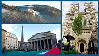 Le Walhalla de Donaustauf (AP Photo/dpa, Armin Weigel) / le Panthéon de Rome (AP Photo/Andrew Medichini) / l'abbaye de Westminster (AP Photo/Sang Tan, Pool).