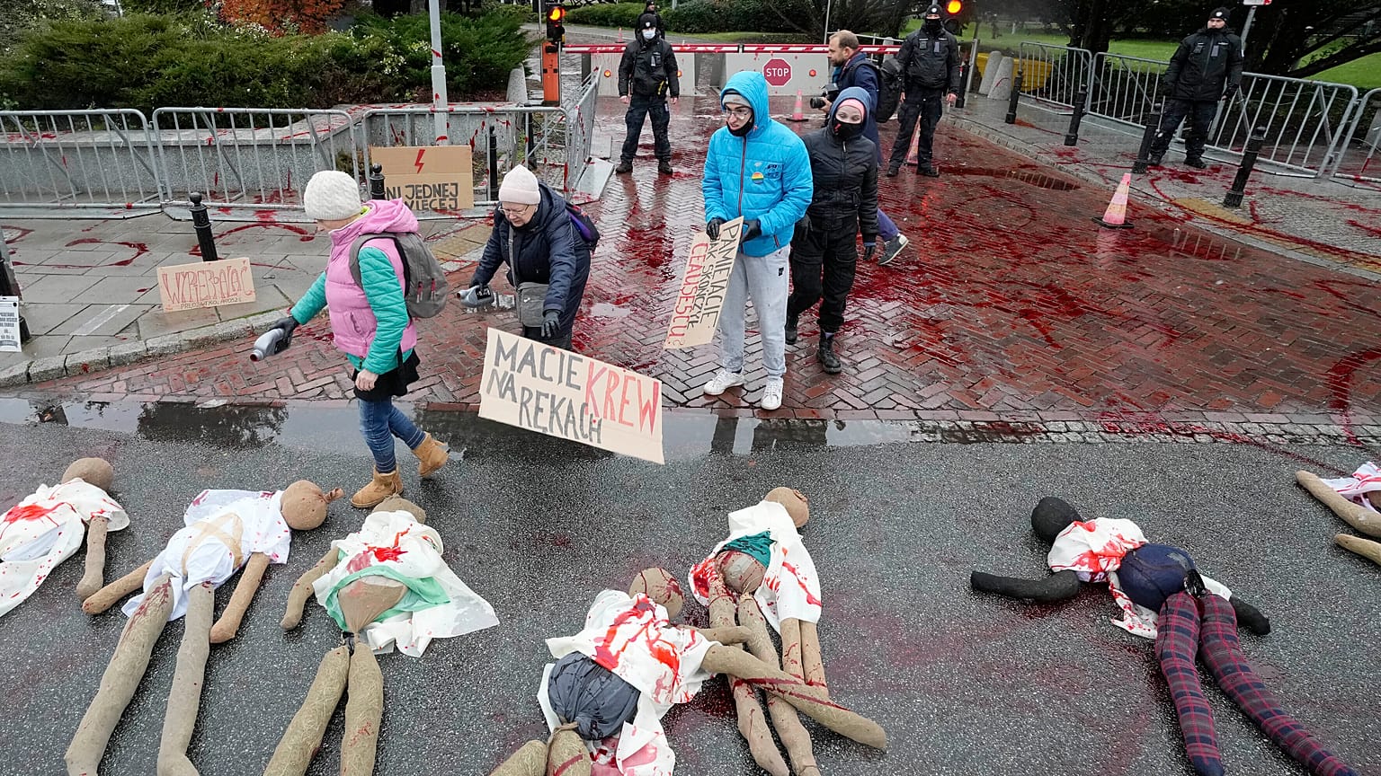 Dummies representing women who are suffering because of Poland's restrictive abortion law  during a protest in Warsaw, Poland, Nov. 30, 2021.