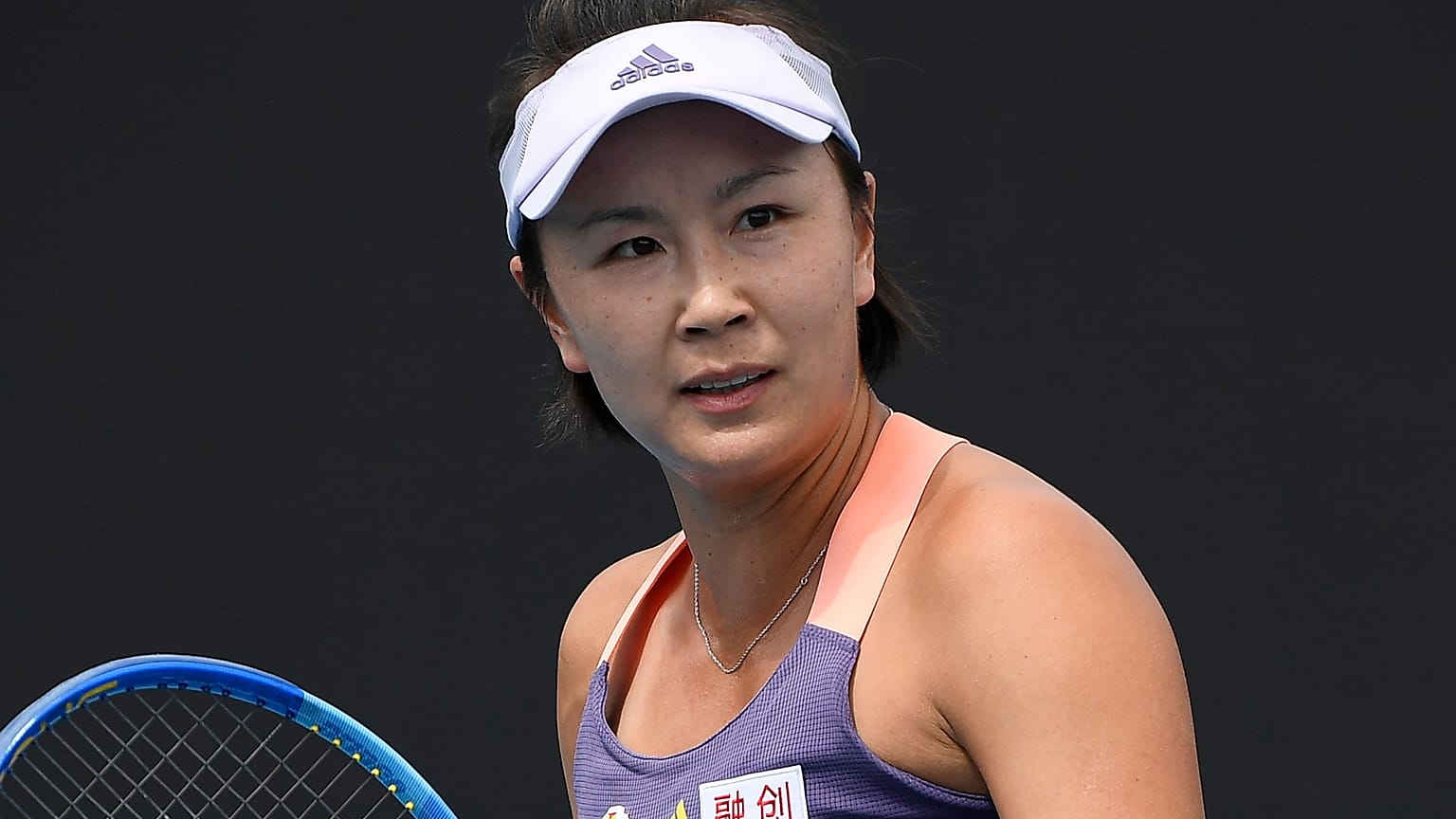FILE - China's Peng Shuai reacts during her first round singles match at the Australian Open tennis championship, January 2020.