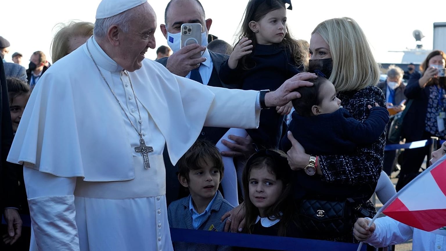 Pope Francis arrives at the airport in Larnaca, Cyprus, for his five-day visit.