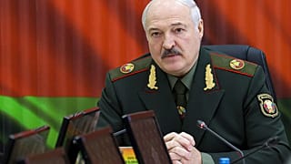 Belarusian President Alexander Lukashenko attends a meeting with top level military officials in Minsk.