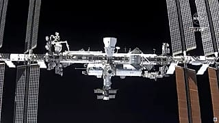 This image made from NASA TV shows the international space station, seen from the SpaceX Crew Dragon spacecraft Saturday, April 24, 2021.
