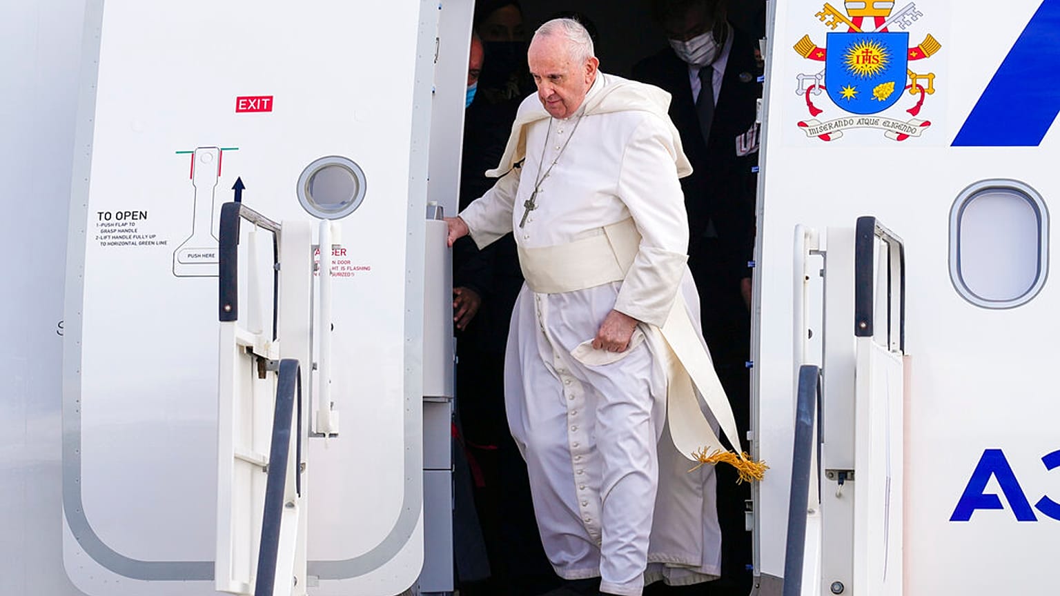 Pope Francis arrives at the Eleftherios Venizelos International Airport in Athens, Greece, Saturday, Dec. 4, 2021.