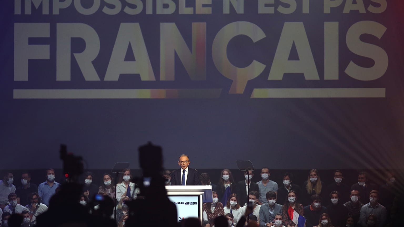 French far right presidential candidate Eric Zemmour delivers his speech during his first rally, Sunday, Dec. 5, 2021 in Villepinte, north of Paris.
