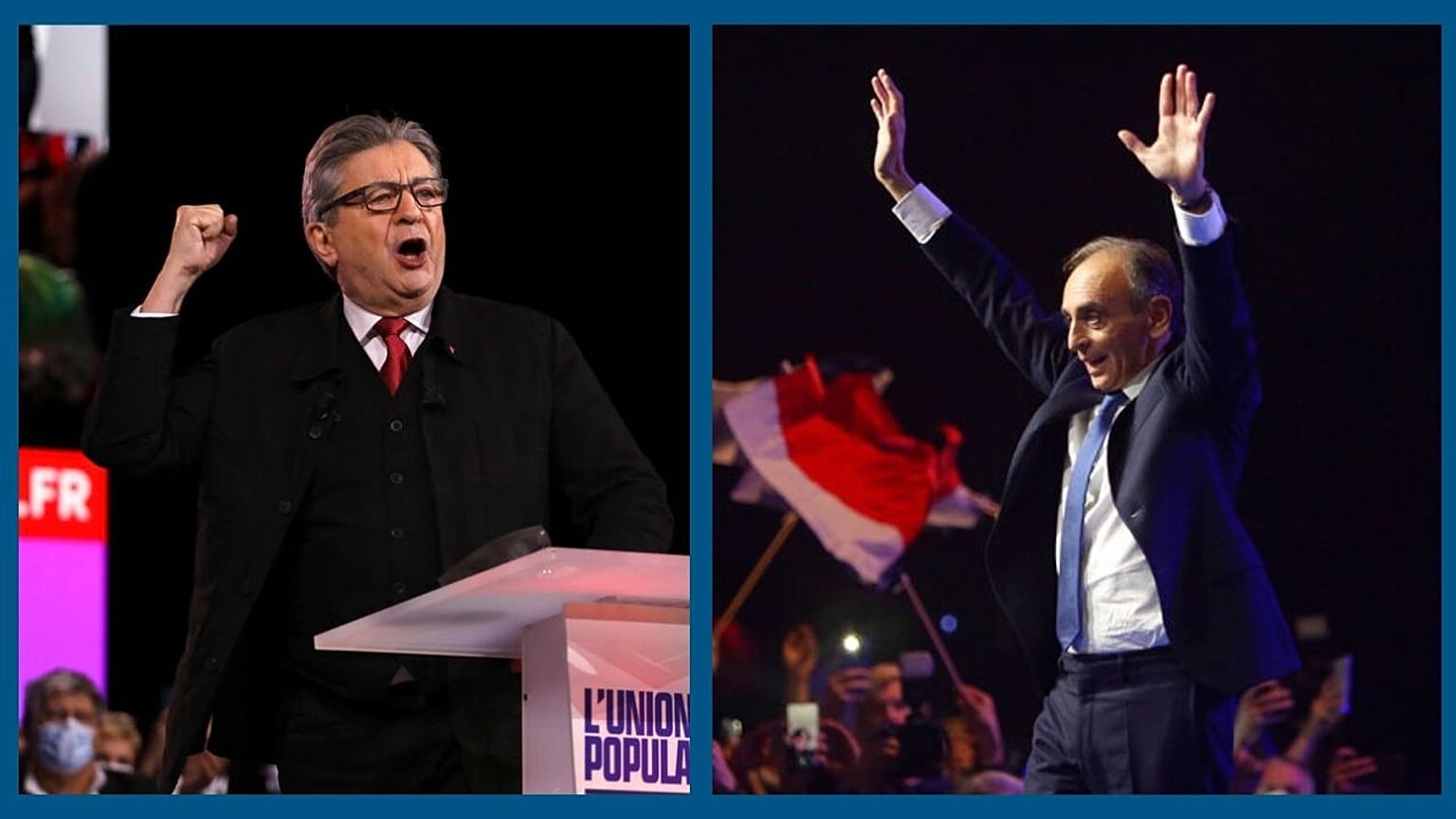 (à g.) Jean-Luc Mélenchon (La France Insoumise) et Eric Zemmour lors de leurs meetings près de Paris - le 5 décembre 2021