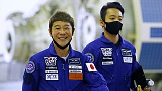 Space flight participants Yusaku Maezawa, left, and Yozo Hirano in training in October