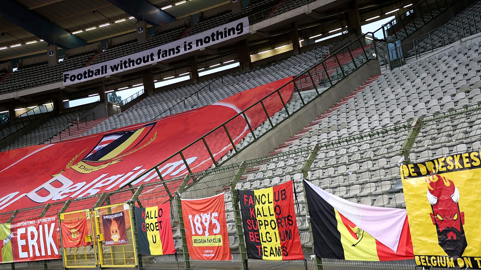 Football banners on display at the King Baudouin stadium in Brussels.