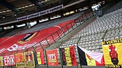 Football banners on display at the King Baudouin stadium in Brussels.