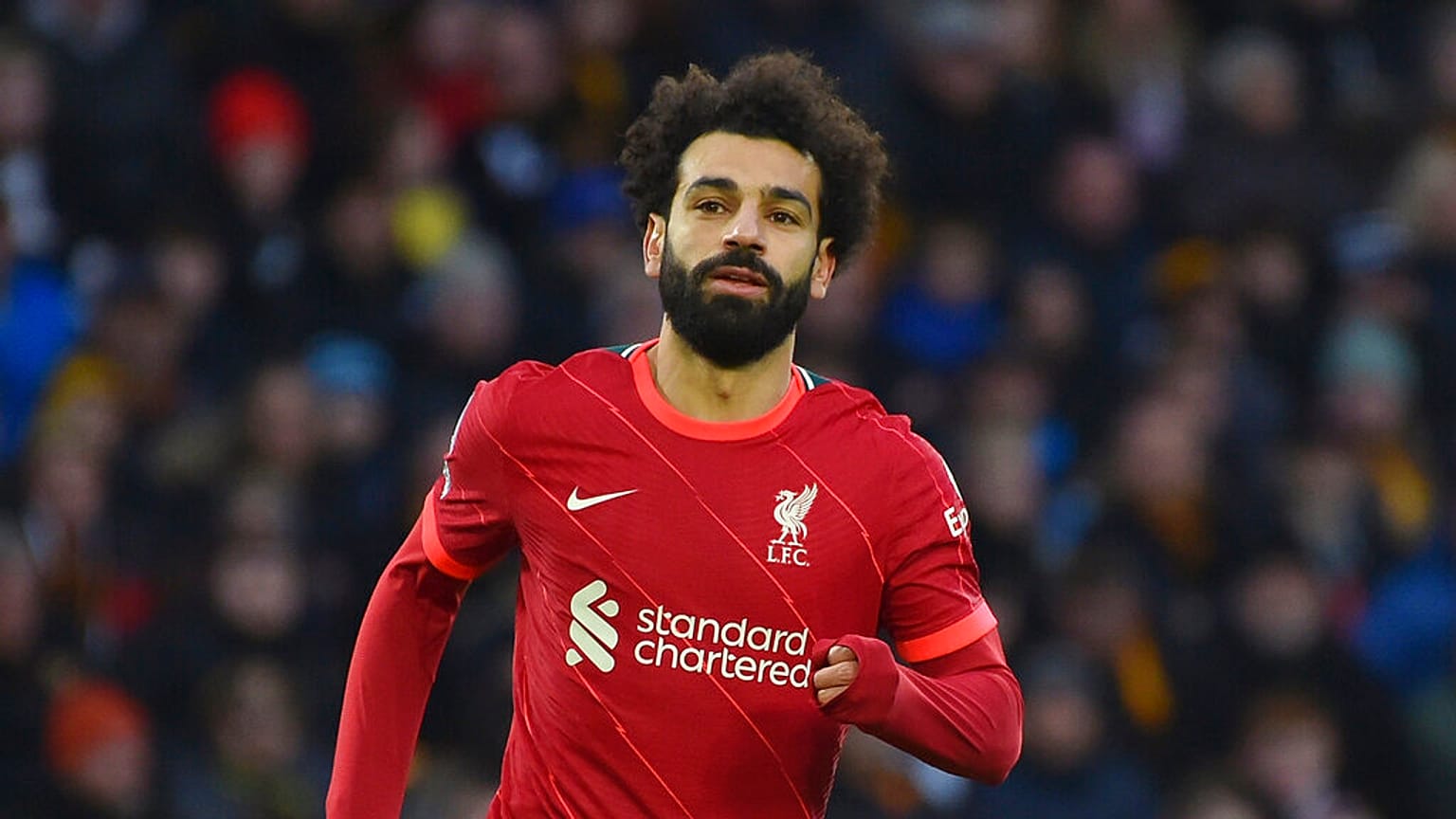 محمد صلاح خلال مباراة كرة القدم في الدوري الإنجليزي الممتاز بين ولفرهامبتون وليفربول على ملعب مولينو في ولفرهامبتون، إنجلترا، السبت 4 ديسمبر 2021
