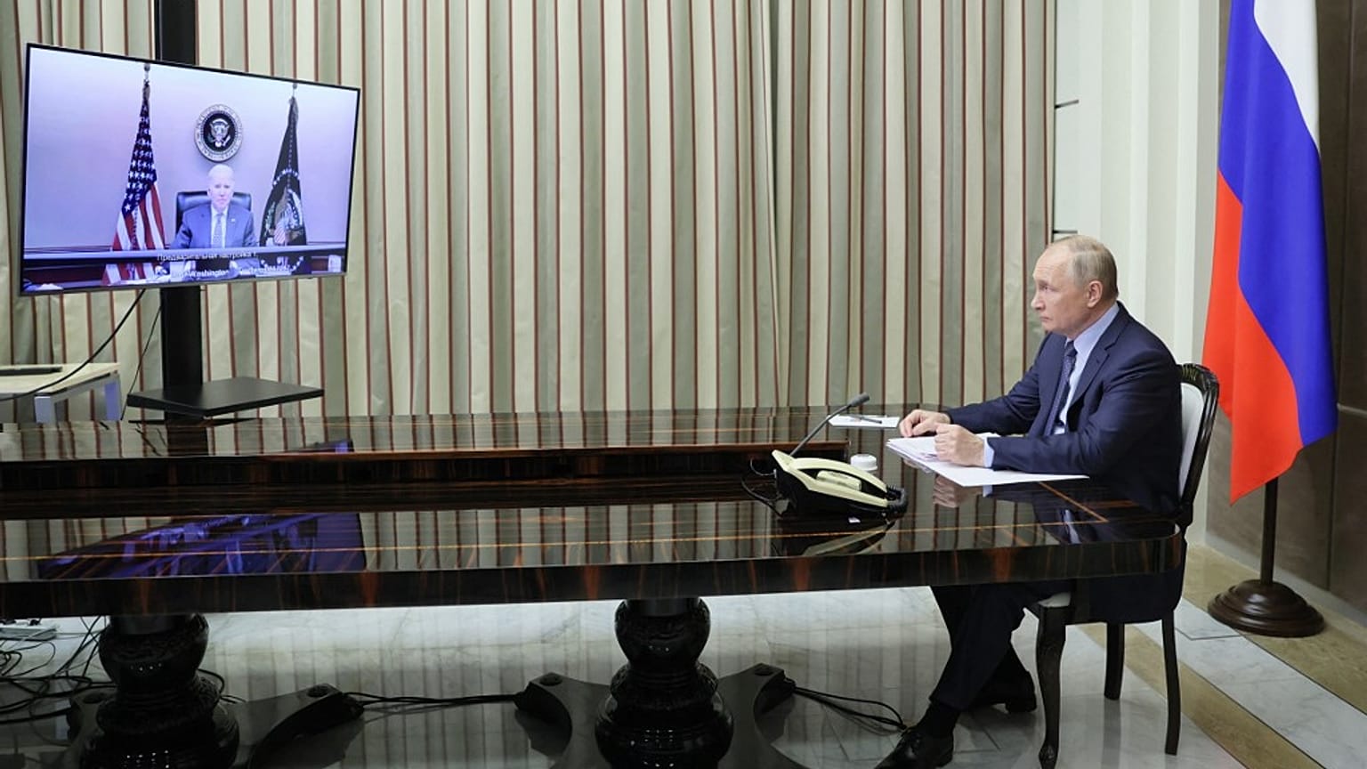 Russian President Vladimir Putin attends a meeting with US President Joe Biden via a video call in the Black Sea resort of Sochi on December 7, 2021.
