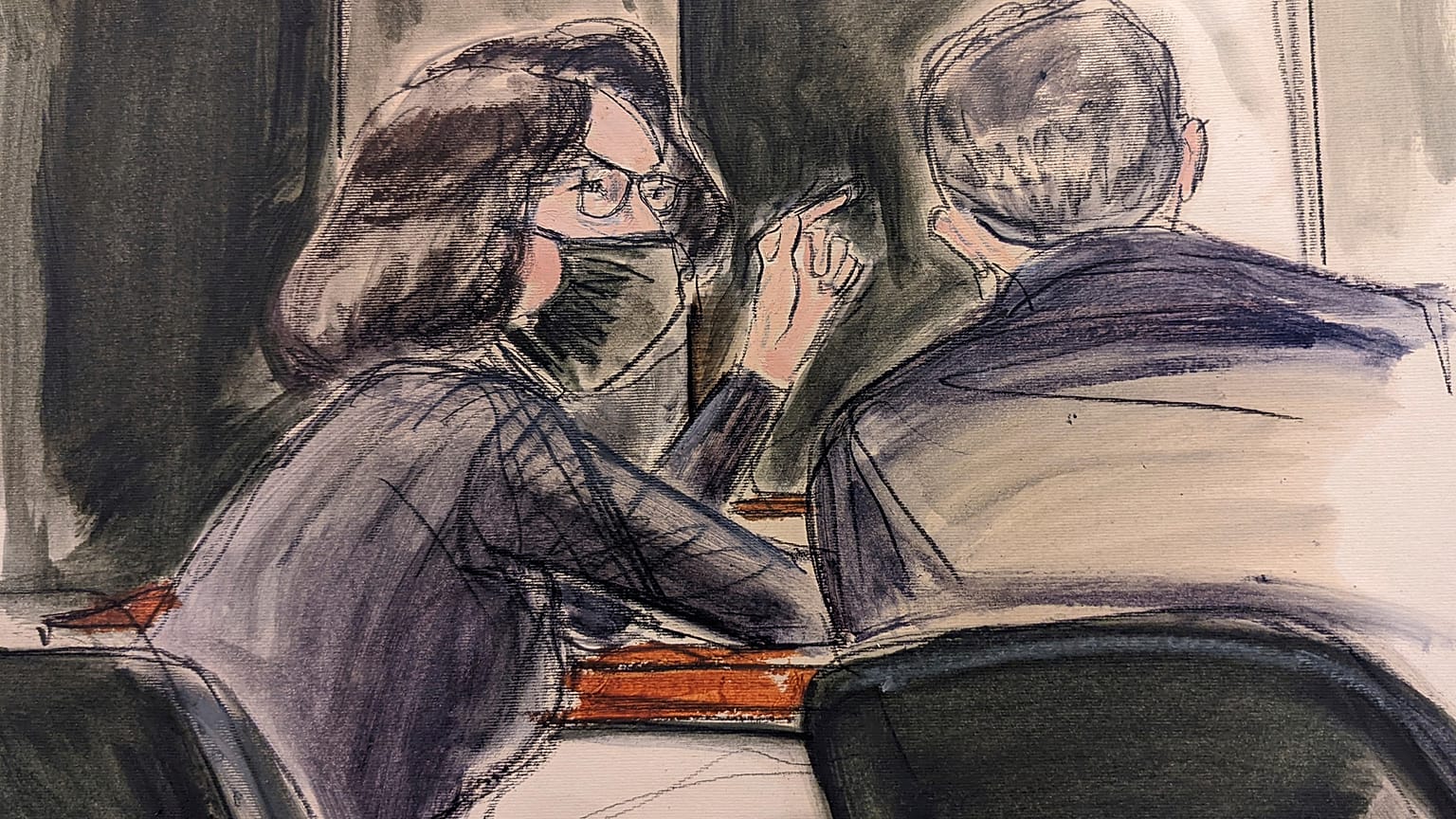 In this sketch, Ghislaine Maxwell, seated left speaks to her defense attorney Christian Everdell prior to the testimony of "Kate,"during the trial of Ghislaine Maxwell.