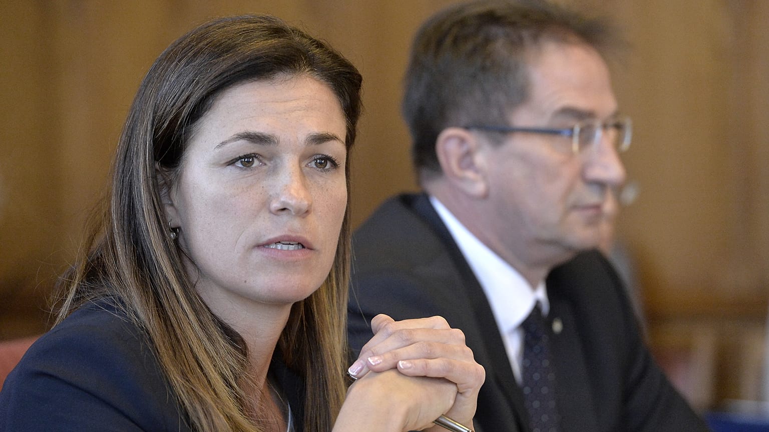 Varga Judit és Völner Pál éves meghallgatásán az Országgyulés igazságügyi bizottságának ülésén az Országház Nagy Imre-termében 2021. október 26-án.