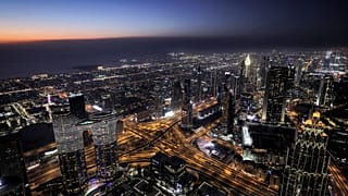 This picture taken on May 9, 2021 shows a view of the Dubai city skyline as seen from the Burj Khalifa