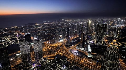 This picture taken on May 9, 2021 shows a view of the Dubai city skyline as seen from the Burj Khalifa