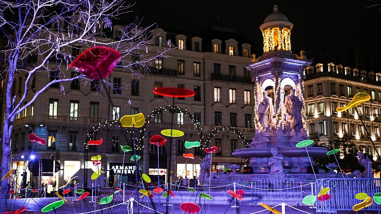 A photograph taken on December 7, 2021 shows the place des Jacobins illuminated during the Festival of Lights, in Lyon, France, on December 7, 2021.