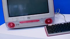 A Strawberry iMac owned by Wikipedia founder Jimmy Wales is displayed during a press preview before the upcoming Christie's Luxury Week auction, in New York on December 3, 202