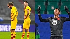 A gauche : les joueurs du Barça dépités par leur défaite. A droite, l'attaquant de Lille Jonathan David après son but. - 08/12/2021