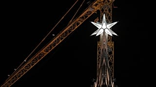 The Sagrada Familia basilica is pictured during the inauguration of its second-highest tower, that is dedicated to the Virgin Mary, on December 8, 2021 in Barcelona.