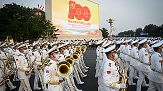A Chinese military band arrives for celebrations in Beijing in July.