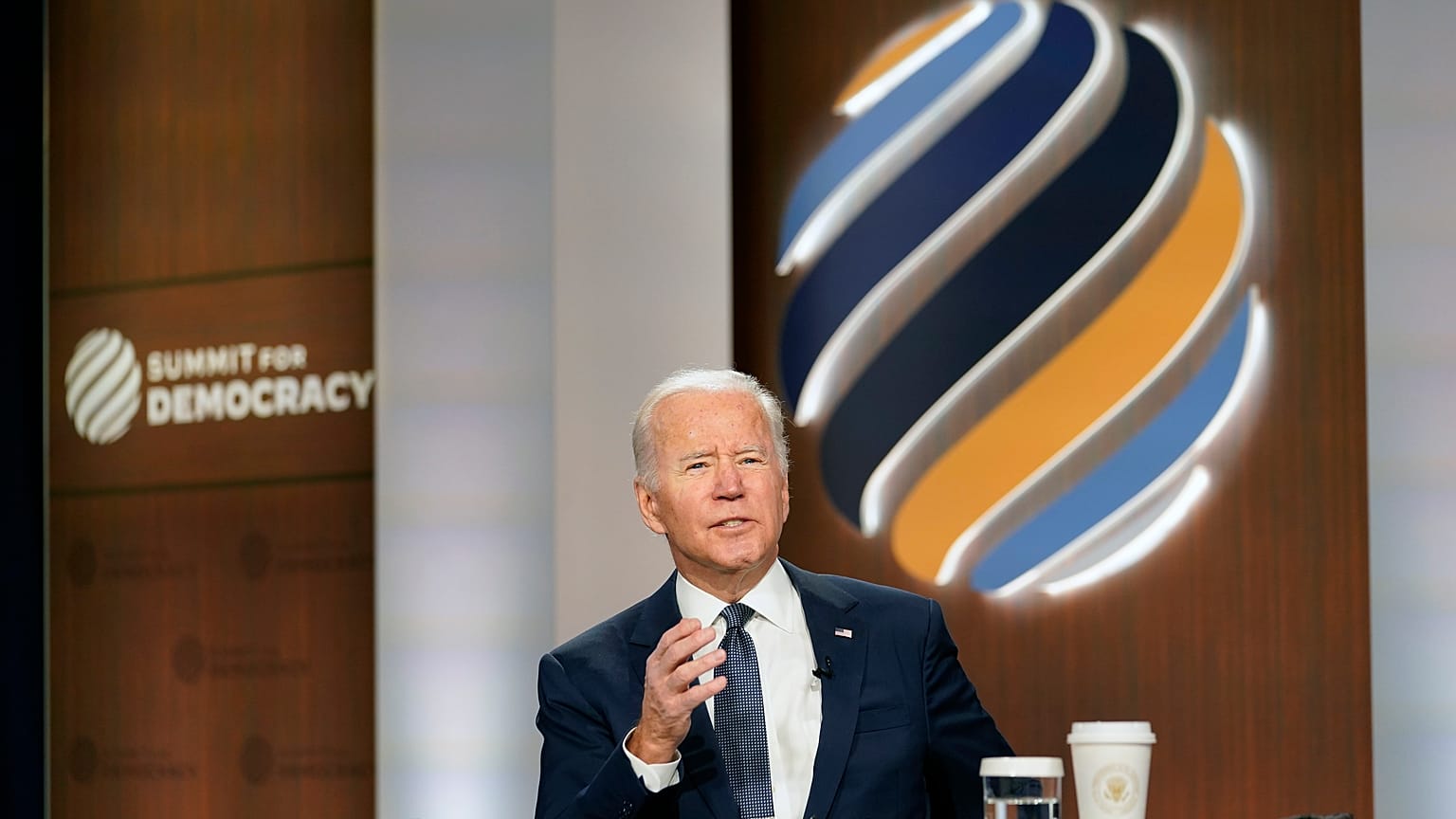 President Joe Biden speaks from the South Court Auditorium on the White House complex in Washington, Thursday, Dec. 9, 2021, for the opening of the Democracy Summit.