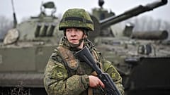 A Russian army soldier takes part in drills at the Kadamovskiy firing range in the Rostov region in southern Russia, Friday, Dec. 10, 2021.