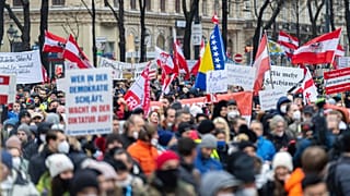 People take part in a demonstration against measures to battle the coronavirus pandemic in Vienna, Austria, Saturday, 11 Dec. 2021.
