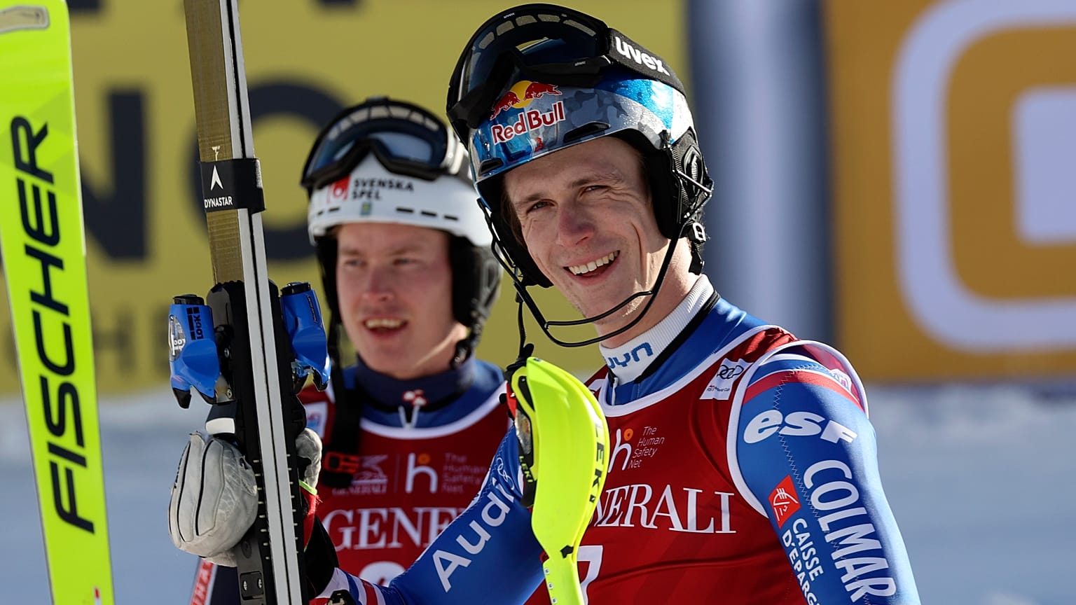 France's Clement Noel, right, winner of an alpine ski, men's World Cup slalom.