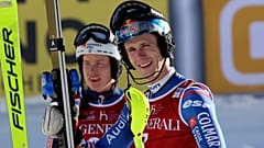 France's Clement Noel, right, winner of an alpine ski, men's World Cup slalom.