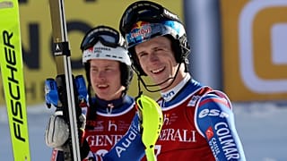 France's Clement Noel, right, winner of an alpine ski, men's World Cup slalom.