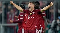 Bayern's Joshua Kimmich celebrates after the German Bundesliga soccer match between FC Bayern Munich and SC Freiburg in Munich, Germany, Saturday, Nov. 6, 2021.