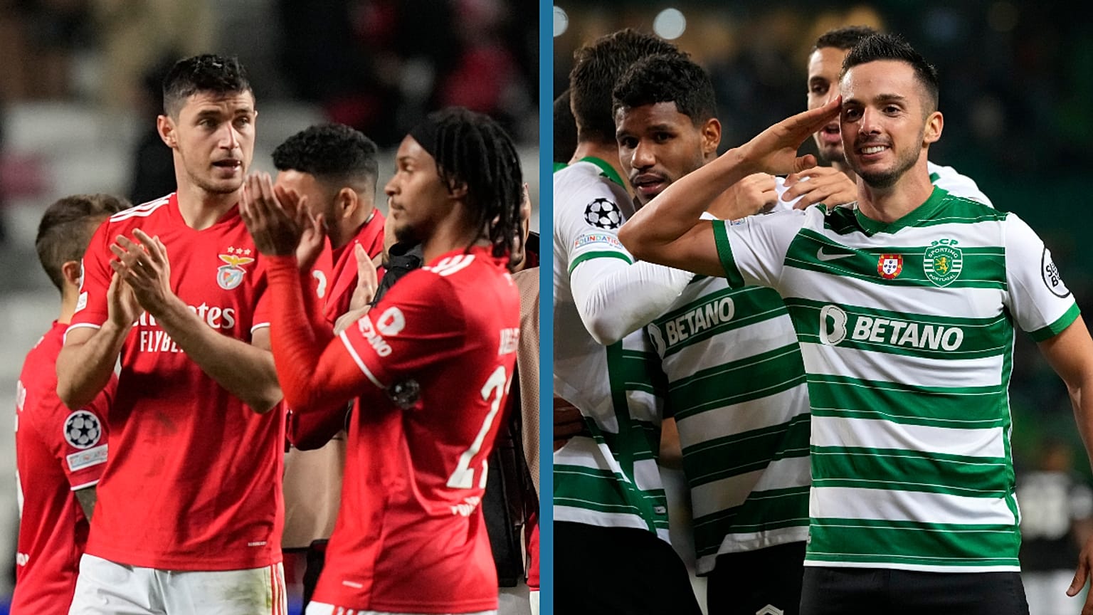 Yaremchuck (Benfica) e Sarabia (Sporting) celebram na Liga dos Campeões