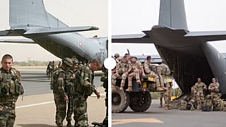 à gauche : soldats français débarquant à l'aéroport de Tombouctou (Mali) le 31/01 2013 // à droite : Soldats français quittant l'aéroport de Tombouctou le 14/12/2021