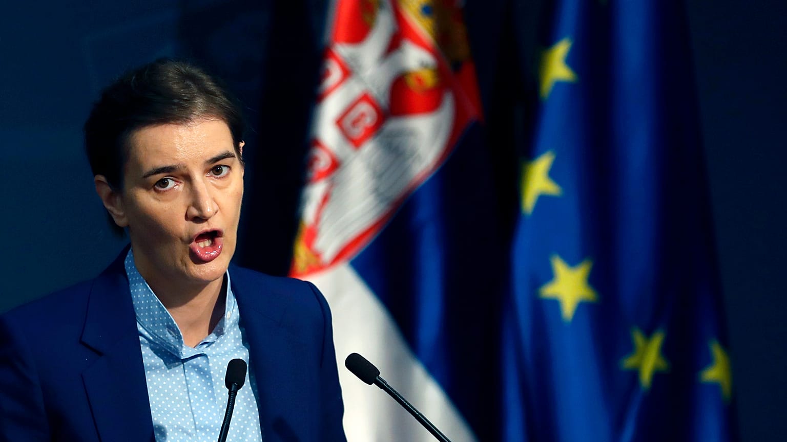 Serbian Prime Minister Ana Brnabic speaks during a 2019 press conference in Belgrade
