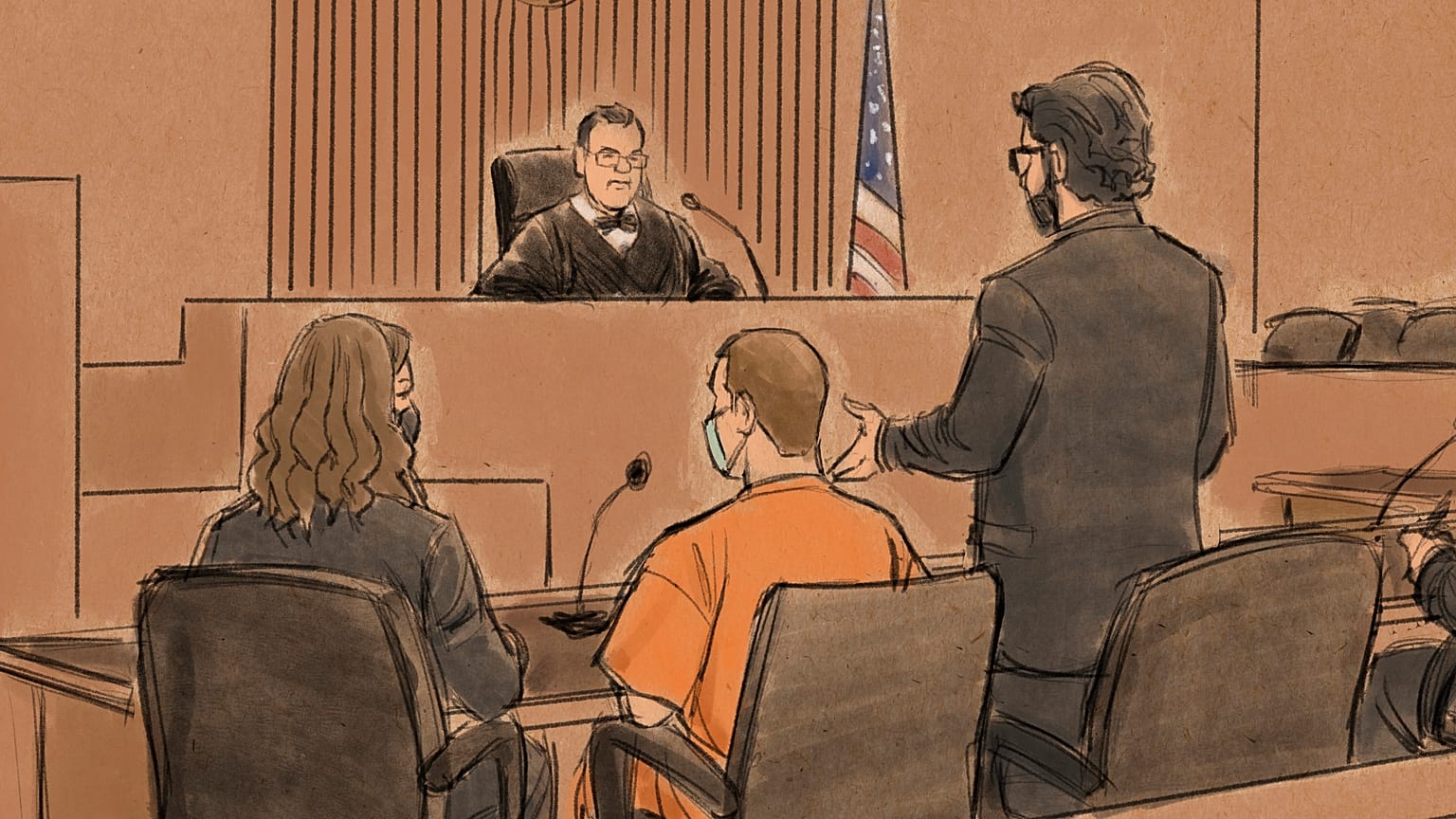 Attorney Eric Nelson, right, speaks to US District Judge Paul Magnuson during a hearing where ex-police officer Derek Chauvin, centre, pleaded guilty to a federal charge.