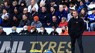 Leicester manager Brendan Rodgers looks out during the English Premier League match between Leicester City and Chelsea at the King Power Stadium, in Leicester, England